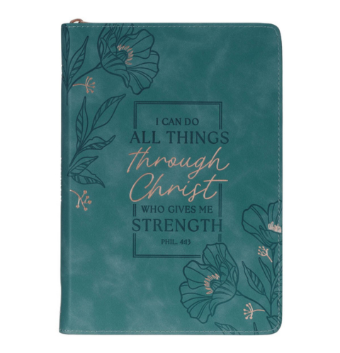 Through Christ Teal Faux Leather Journal with Zippered Closure - Philippians 4:13