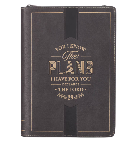 The Plans Charcoal Faux Leather Classic Journal with Zipper Closure - Jeremiah 29:11