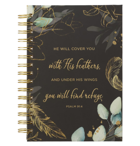 Find Refuge Black and Gold Feather Large Spiral Journal - Psalm 91:4