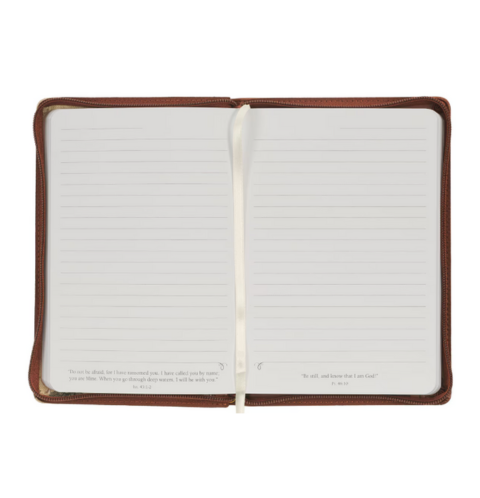 Amazing Grace Natural Canvas and Honey-brown Faux Leather Journal with Zipper Closure - 2 Corinthians 12:9