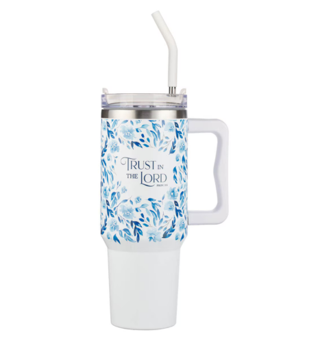 Trust in the Lord Blue Botany 40 oz Stainless Steel Travel Tumbler with Straw - Proverbs 3:5