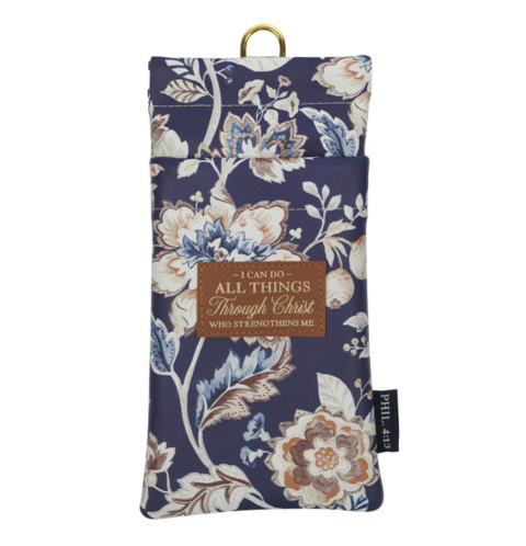 I Can Do All Things Honey-Brown and Navy Floral Faux Leather Double Eyeglass Case - Philippians 4:13