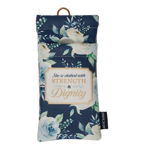 Strength and Dignity Indigo Rose Faux Leather Double Eyeglass Case - Proverbs 31:25