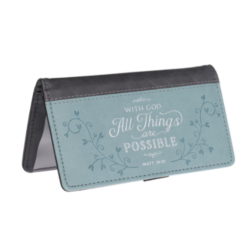 All Things Are Possible Two-tone Gray and Blue Faux Leather Checkbook Cover - Matthew 19:26