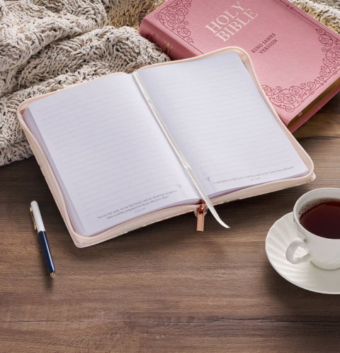 Strength and Honor Pink Floral Faux Leather Classic Journal with Zipper Closure - Proverbs 31:25