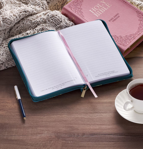 Love the Lord Teal Floral Faux Leather Journal with Zipper Closure - Matthew 22:37