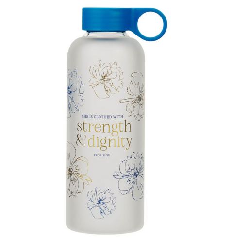 Can Cooler + Columbia Booney Hat + Strength and Dignity Blue Floral Glass Water Bottle Bundle
