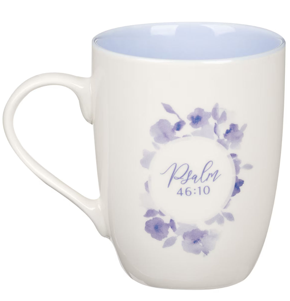 Be Still and Know Blue Blooms Ceramic Coffee Mug - Psalm 46:10