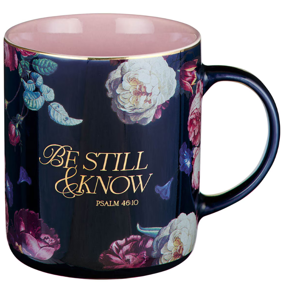 Be Still and Know Midnight Blue Floral Ceramic Mug - Psalm 46:10