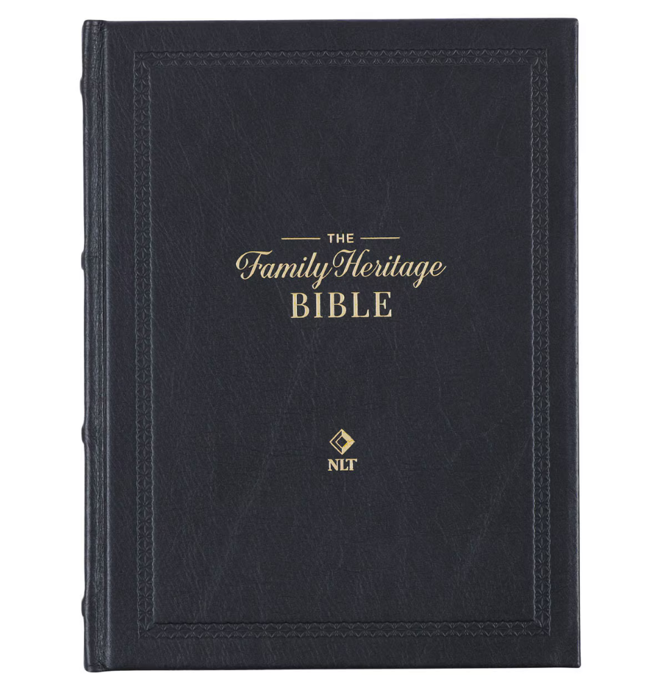 Black Bible with 'The Family Heritage Bible' text on a white background