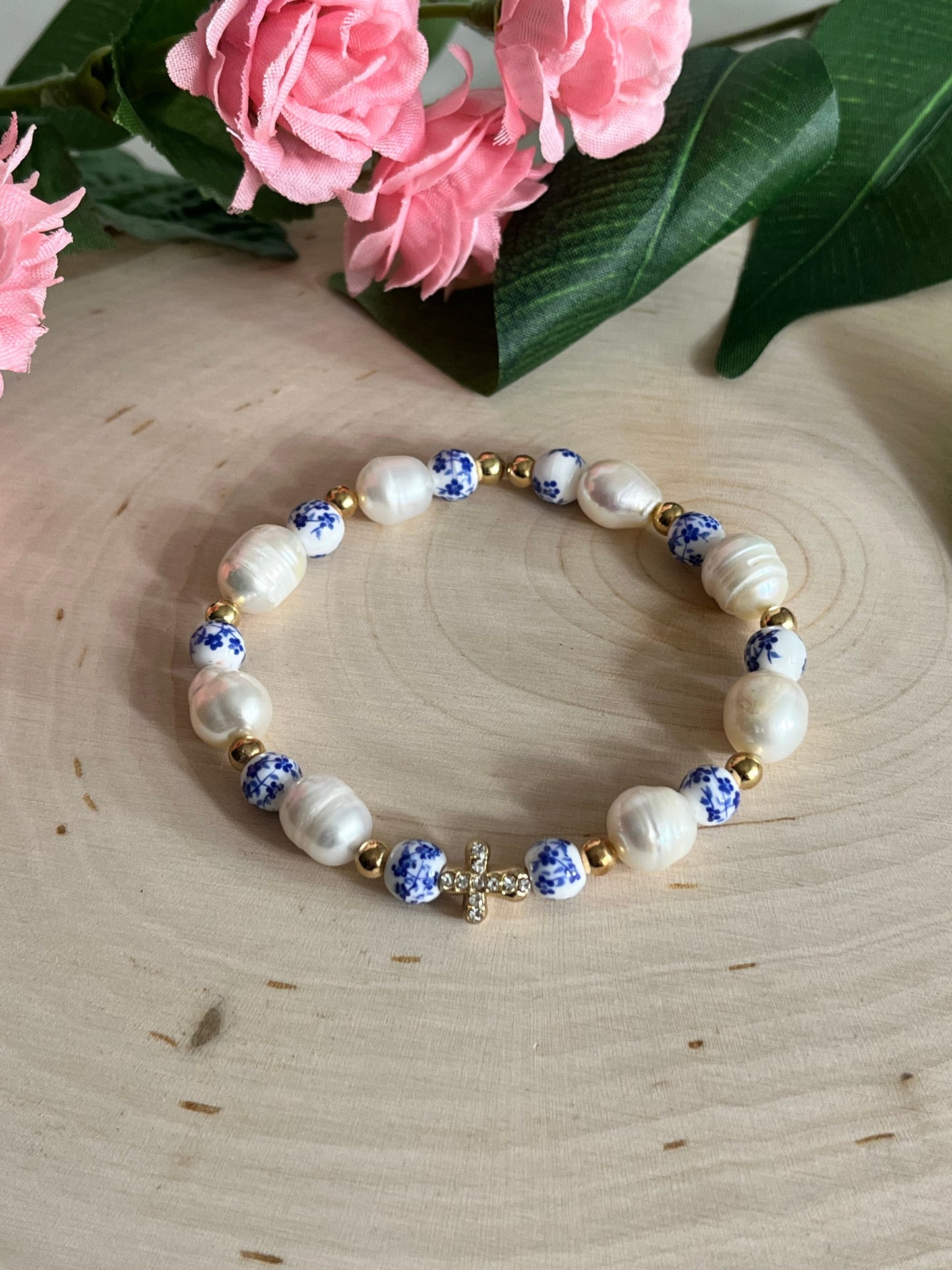 Floral Pearl Cross Bracelet – Christian Jewelry for Women