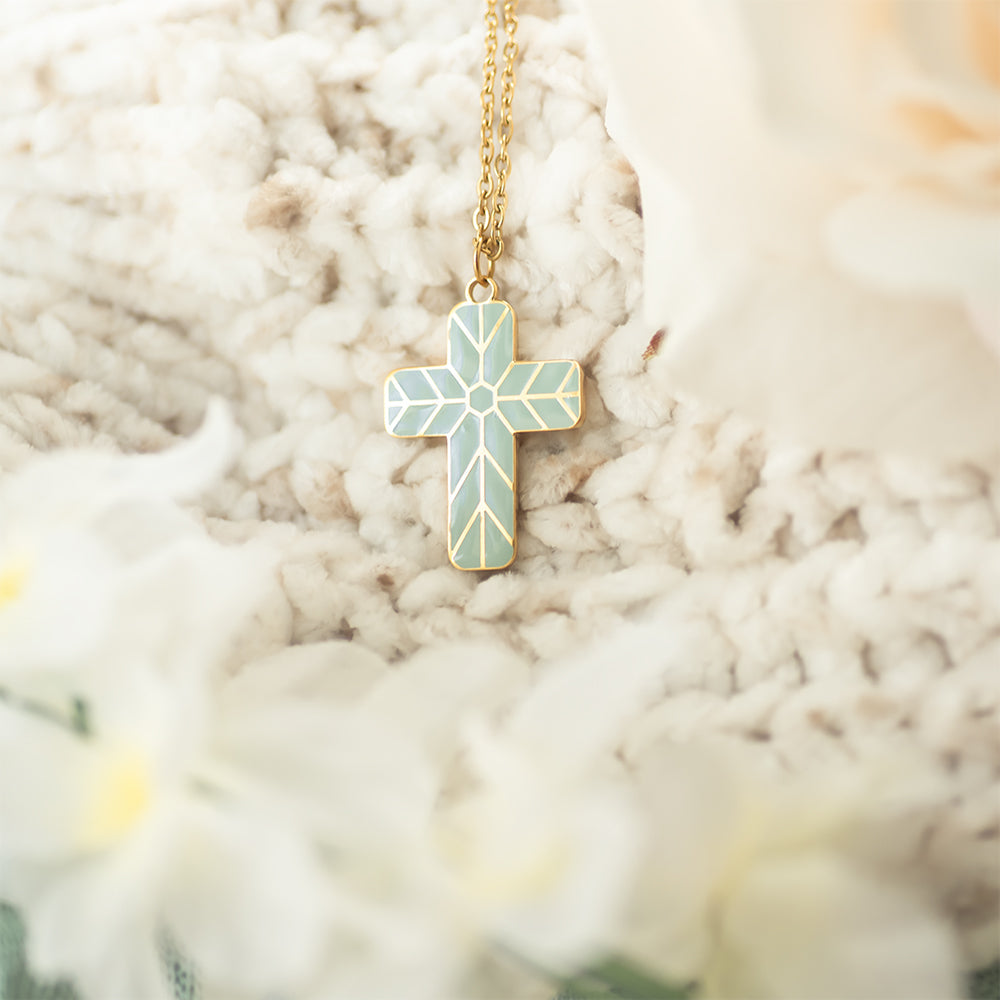Geometric Enamel Cross Necklace - Sage