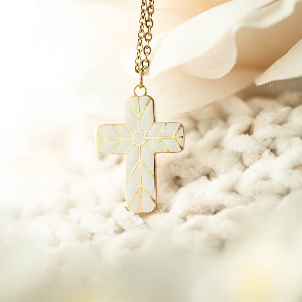 Geometric Enamel Cross Necklace - White