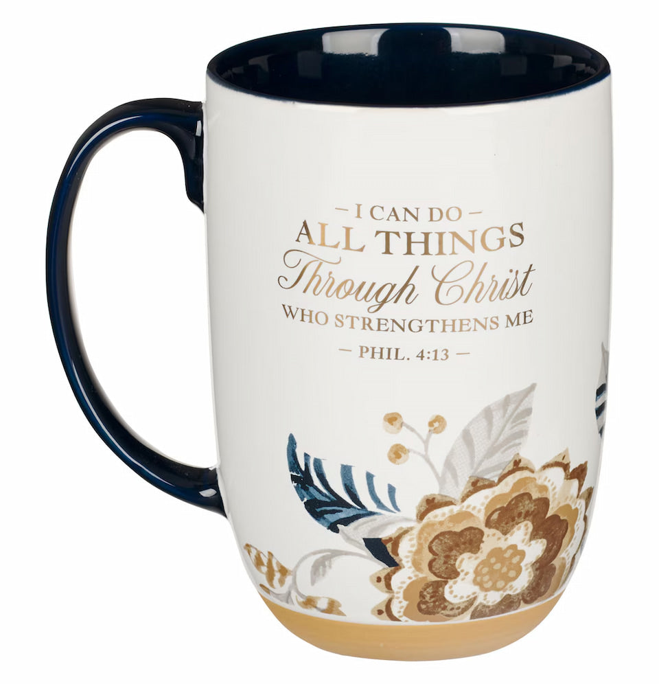 Mug with floral design and inspirational quote on a white background