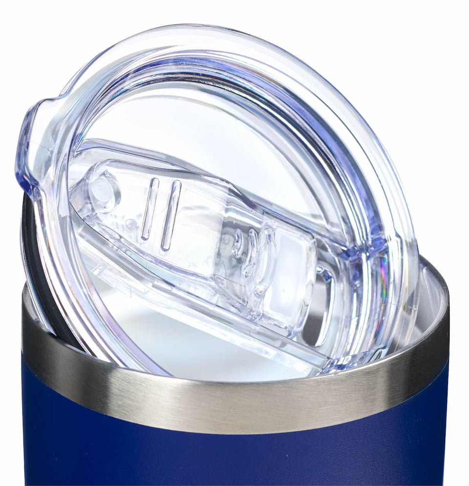 Close-up of a blue tumbler with a clear lid on a white background