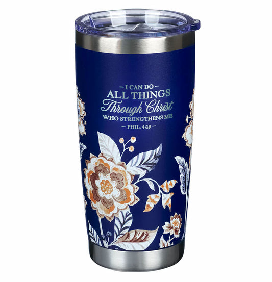 Navy blue tumbler with floral design and inspirational quote on a white background