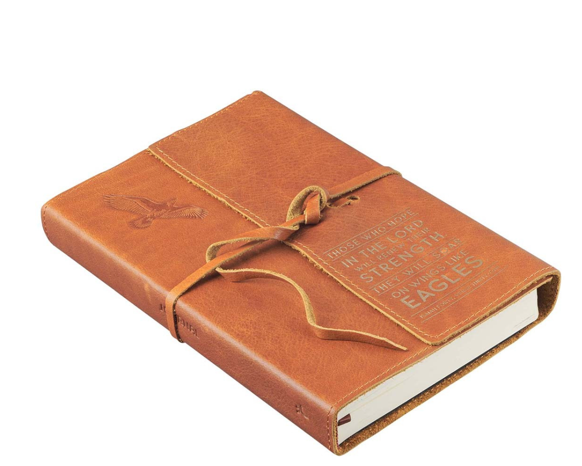 Wings of Eagles Saddle Tan Full Grain Leather Journal with Wrap Closure Isaiah 40:31
