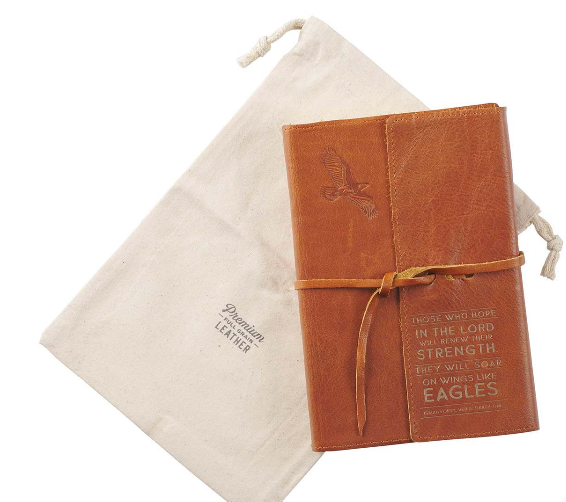 Wings of Eagles Saddle Tan Full Grain Leather Journal with Wrap Closure Isaiah 40:31