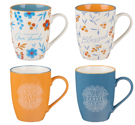 Give Thanks Blue and Orange Ceramic Mug Set 1 Thessalonians 5:18