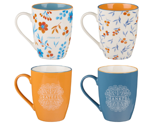 Give Thanks Blue and Orange Ceramic Mug Set 1 Thessalonians 5:18