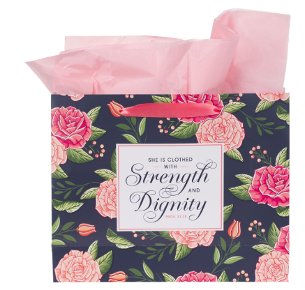 Strength and Dignity Pink Rose Large Landscape Gift Bag with Card Set