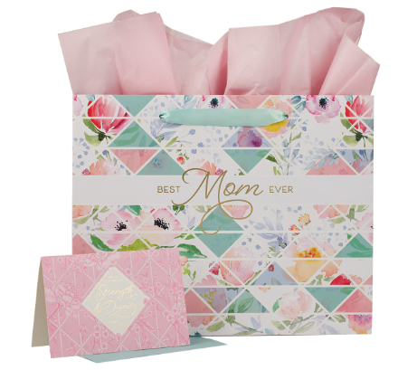 Best Mom Ever Pastel Diamond Large Landscape Gift Bag with Card - Proverbs 31:25