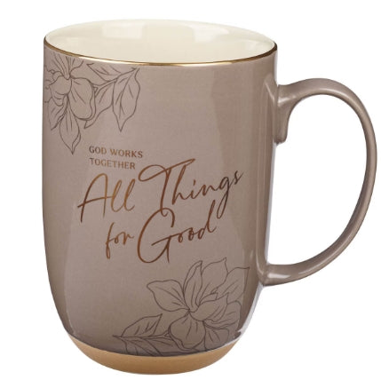 All Things for Good Taupe Ceramic Coffee Mug with Exposed Clay Base - Romans 8:28