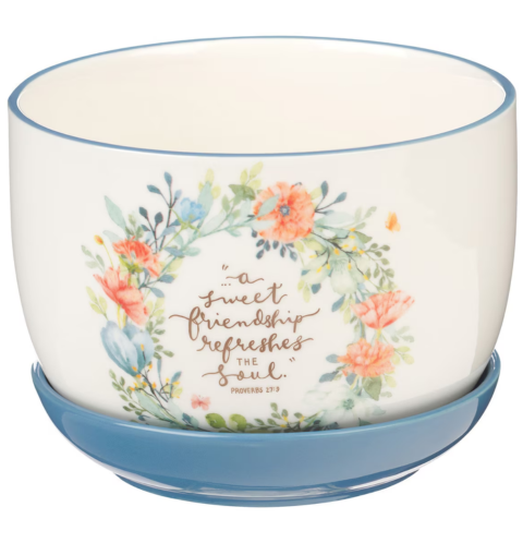 Sweet Friendship Bright Floral Wreath Ceramic Planter with Saucer - Proverbs 27:9