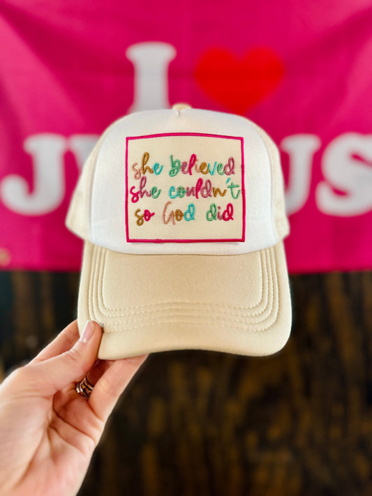 She Believed She Couldn’t So God Did Hat, Christian Trucker Hat, Embroidered Patch Hat, Trucker Hat, Patch Trucker Hat, Christian Gift