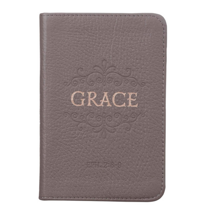 Grace Taupe Gray Pocket-sized Full Grain Leather Journal - Ephesians 2:8-9