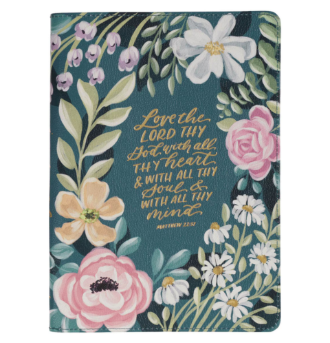 Love the Lord Teal Floral Faux Leather Journal with Zipper Closure - Matthew 22:37