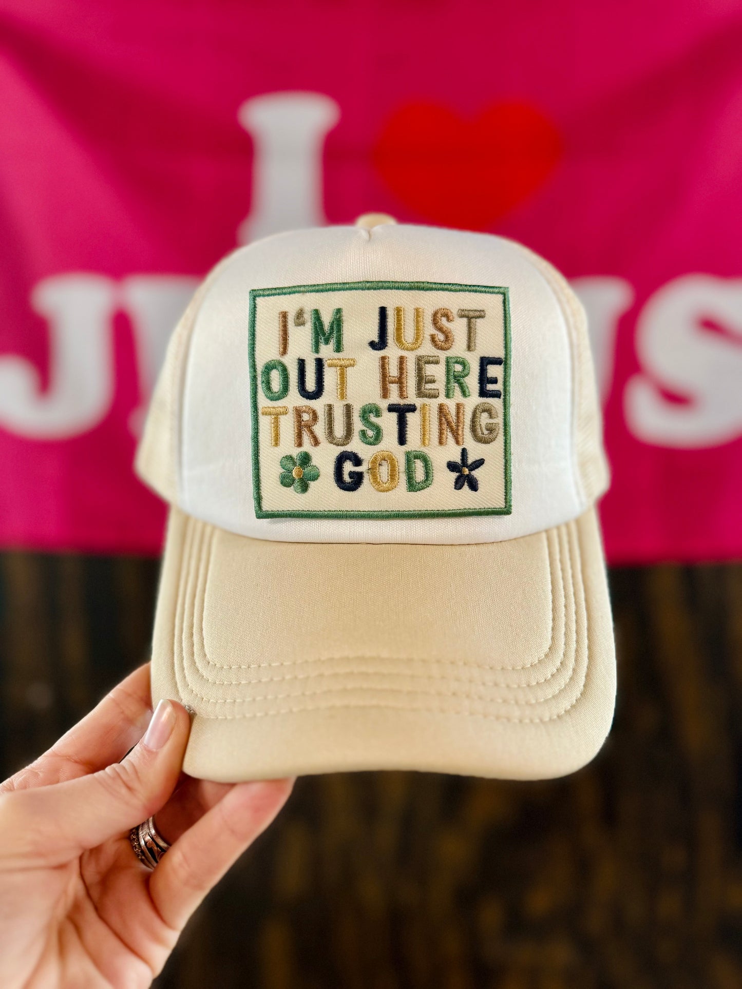 I’m Just Out Here Trusting God Hat, Christian Trucker Hat, Embroidered Patch Hat, Trucker Hat, Patch Trucker Hat, Christian Gift