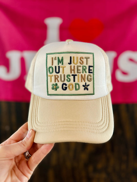 I’m Just Out Here Trusting God Hat, Christian Trucker Hat, Embroidered Patch Hat, Trucker Hat, Patch Trucker Hat, Christian Gift