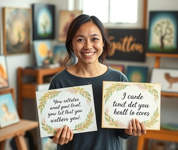 Artist holding scripture prints