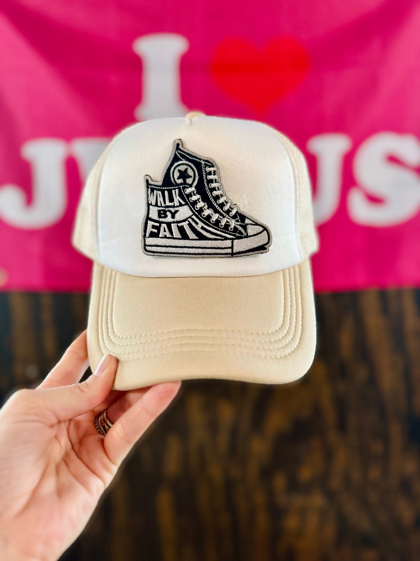Walk By Faith Shoe Hat, Christian Trucker Hat, Embroidered Patch Hat, Trucker Hat, Patch Trucker Hat, Christian Gift