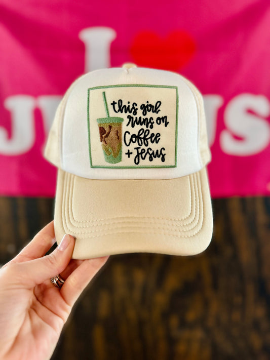 This Girl Runs On Jesus And Coffee Hat, Christian Trucker Hat, Embroidered Patch Hat, Trucker Hat, Patch Trucker Hat, Christian Gift