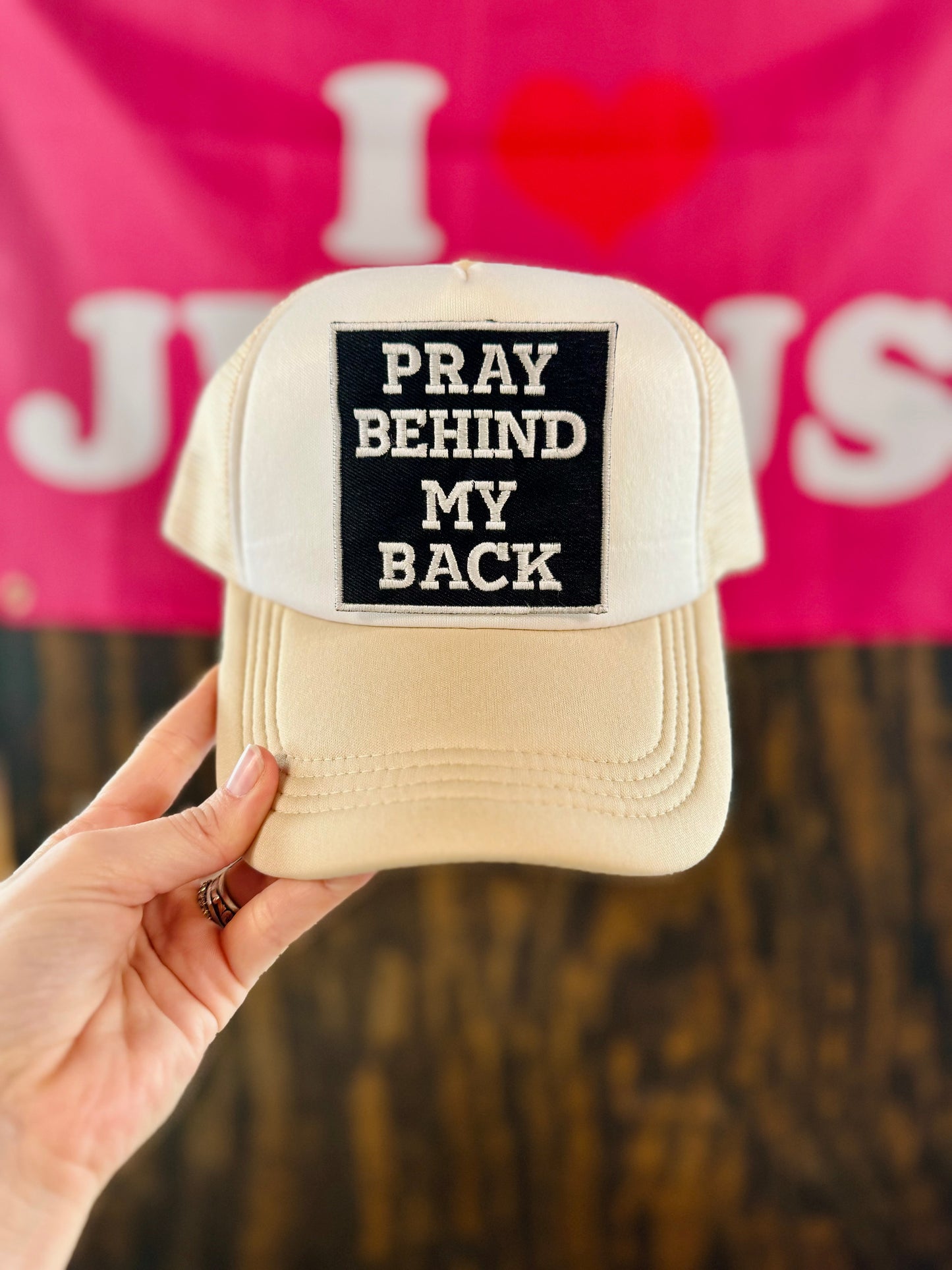 Pray Behind My Back, Christian Trucker Hat, Embroidered Patch Hat, Trucker Hat, Patch Trucker Hat, Christian Gift