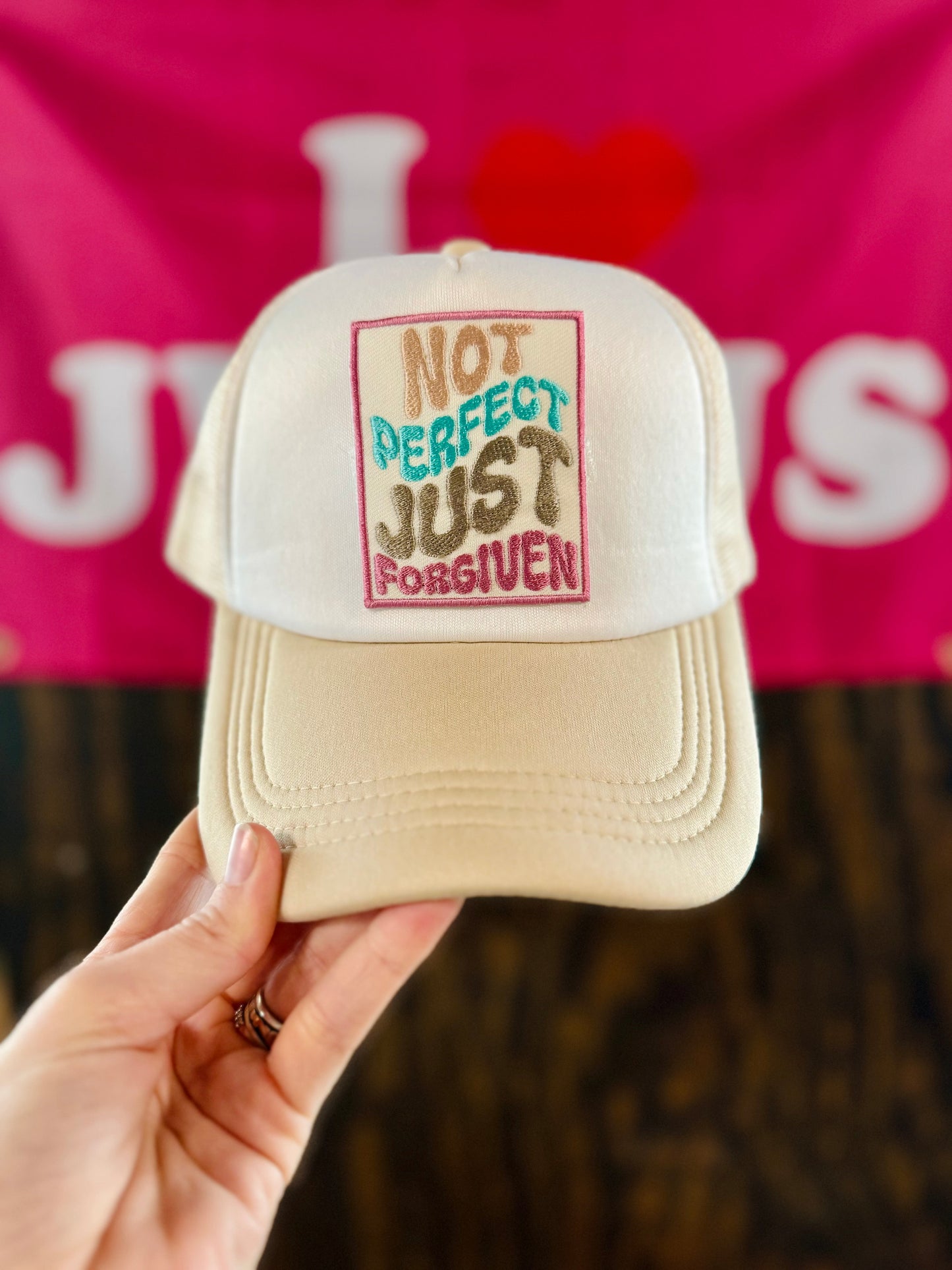 Not Perfect Just Forgiven Hat, Christian Trucker Hat, Embroidered Patch Hat, Trucker Hat, Patch Trucker Hat, Christian Gift