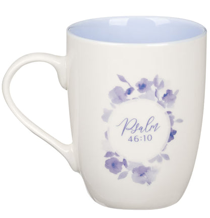 Be Still and Know Blue Blooms Ceramic Coffee Mug - Psalm 46:10