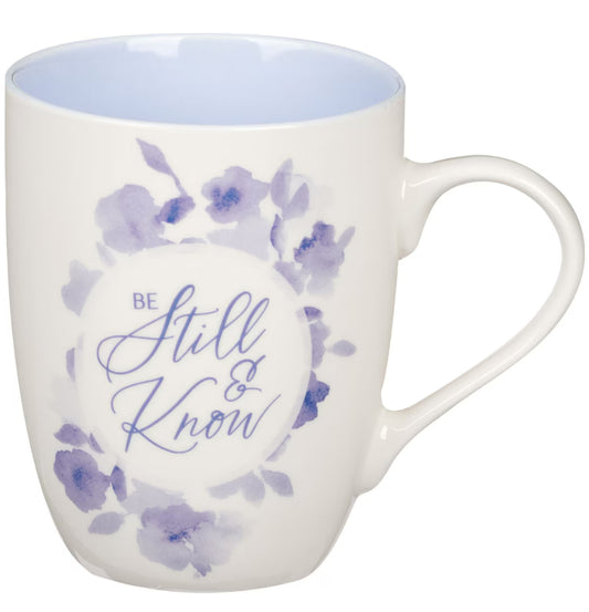 Be Still and Know Blue Blooms Ceramic Coffee Mug - Psalm 46:10
