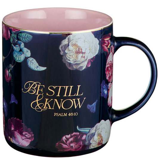 Be Still and Know Midnight Blue Floral Ceramic Mug - Psalm 46:10