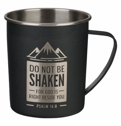 Black stainless steel camp-style mug with laser-engraved text and mountain design, handle on the side.