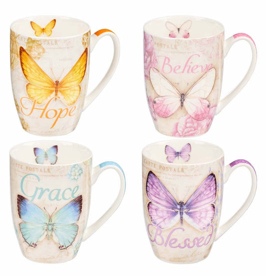 A set of four ceramic mugs with colorful butterfly designs and corresponding Bible verses, each with a different color accent and butterfly position.