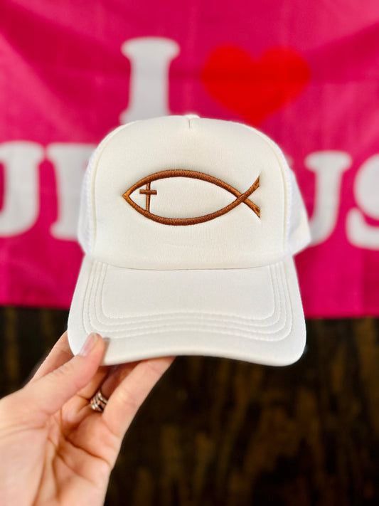 Jesus Fish Cross Embroidered Trucker Hat, Christian Trucker Hat, Foam Mesh Cap, Jesus Trucker Hat, Trucker Hat, Christian Gift