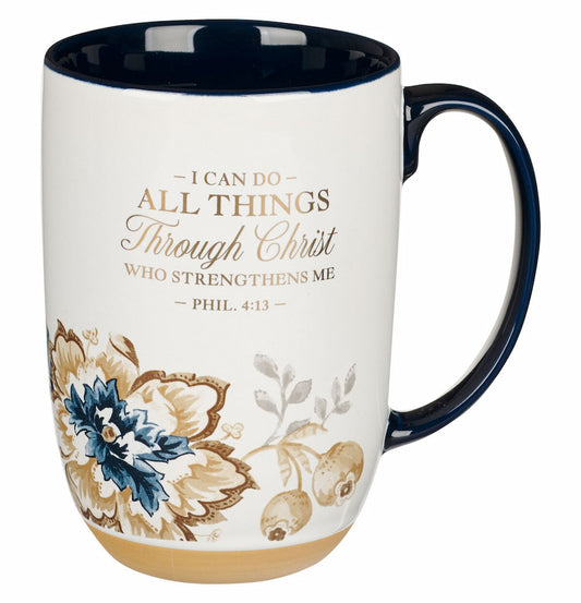 Mug with floral design and inspirational quote on a white background