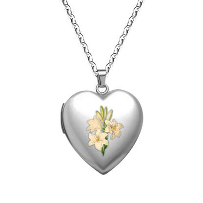 Lily Heart Locket Necklace: Luke 12:27-28