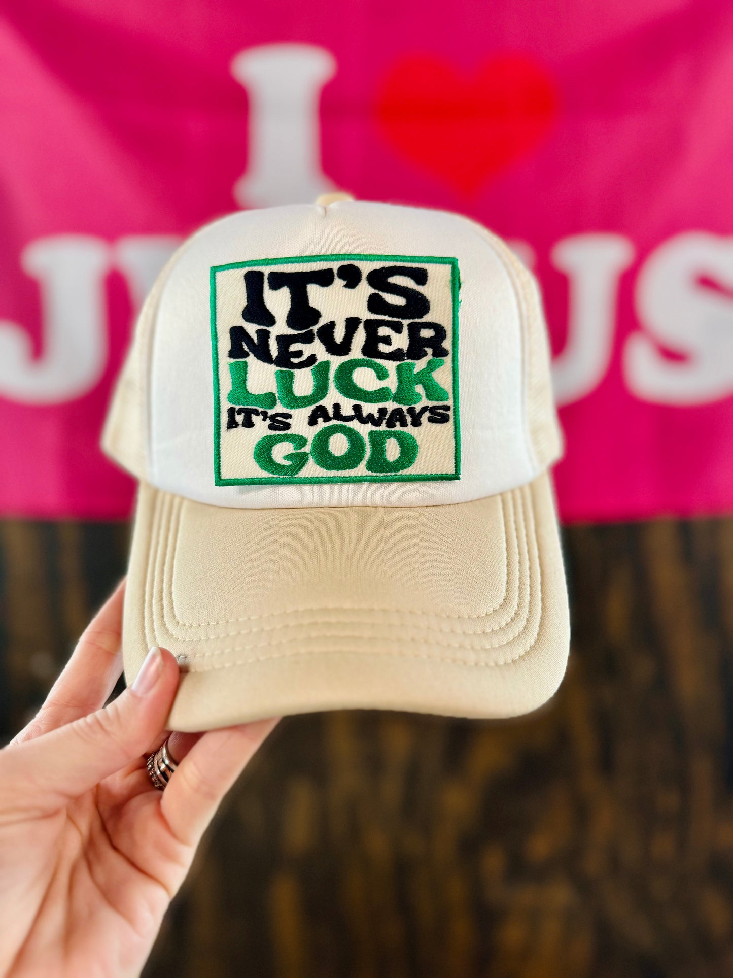 It’s never luck it’s always God Hat, Christian Trucker Hat, Embroidered Patch Hat, Trucker Hat, Patch Trucker Hat, Christian Gift