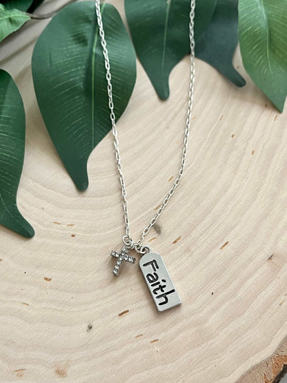 Silver Necklace – Sterling Cross Pendant with Faith & Cross Charms