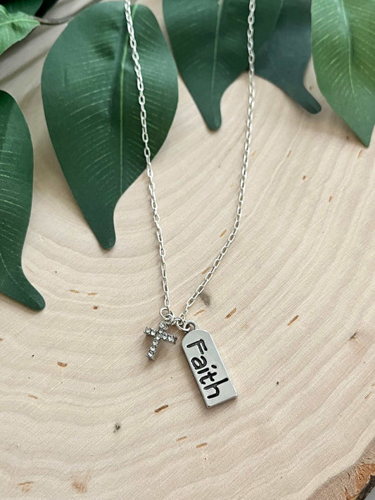 Silver Necklace – Sterling Cross Pendant with Faith & Cross Charms