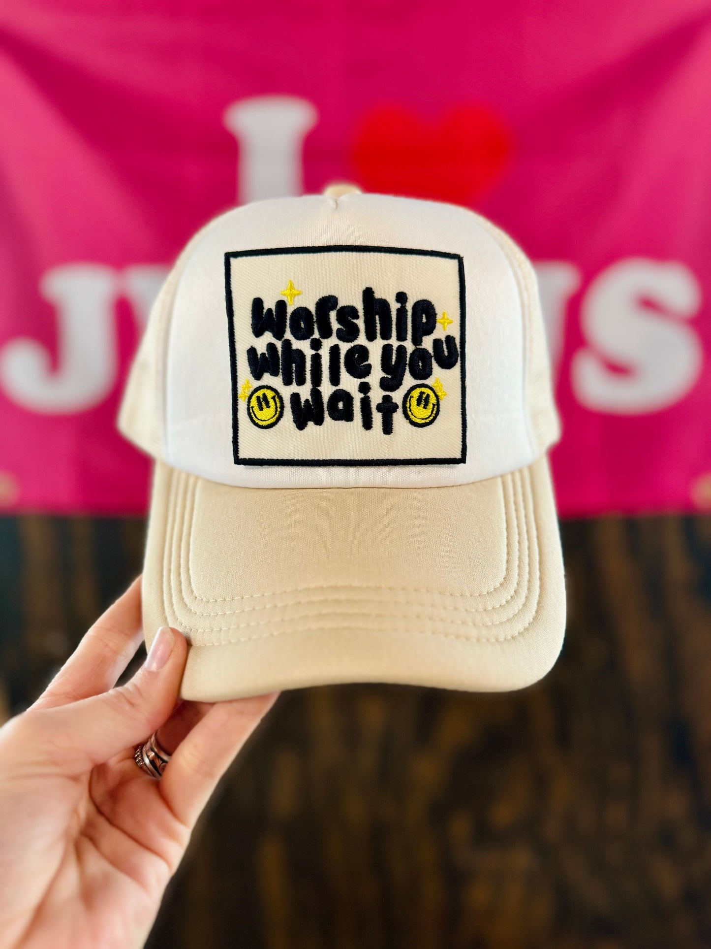 Worship While You Wait Hat, Christian Trucker Hat, Embroidered Patch Hat, Trucker Hat, Patch Trucker Hat, Christian Gift